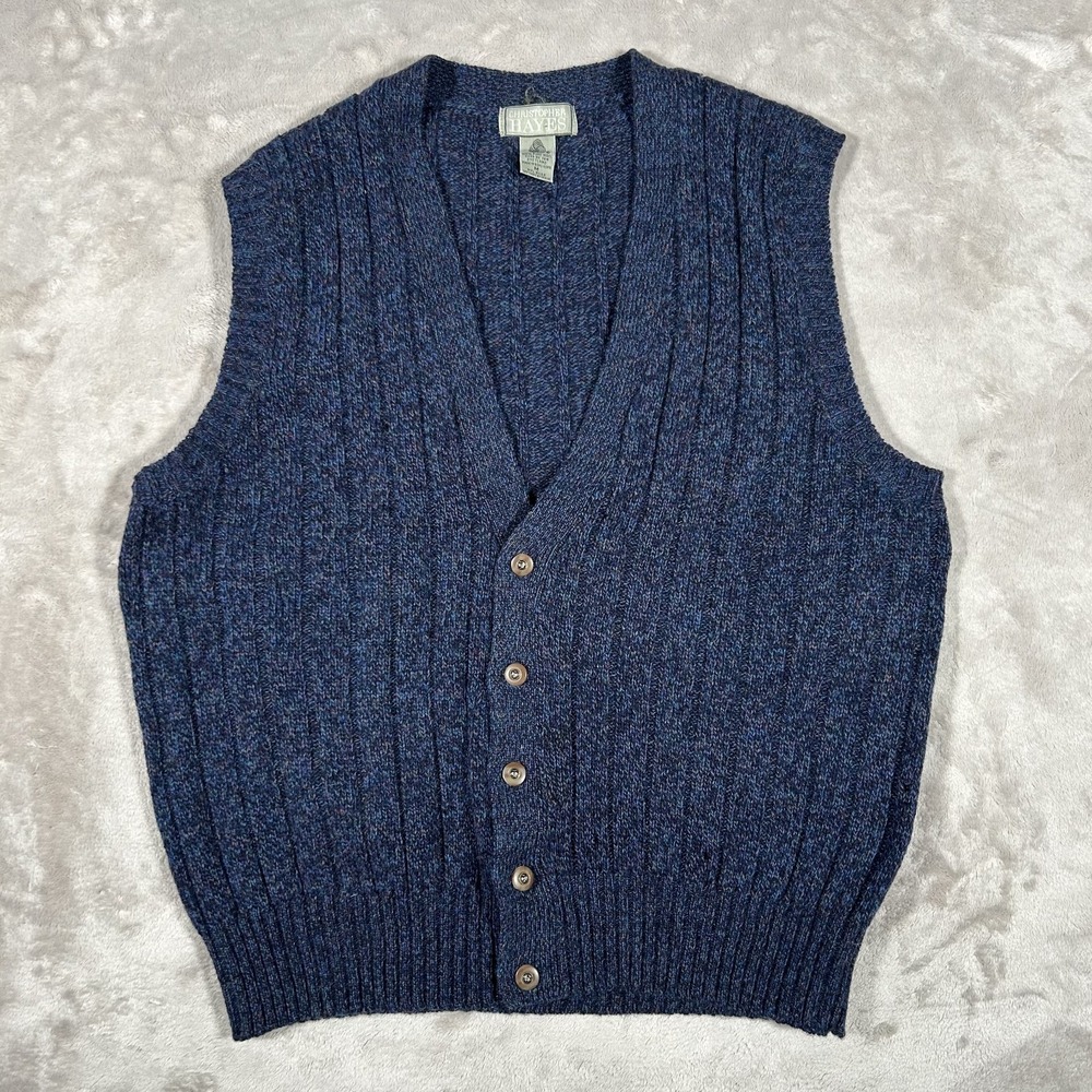 Vintage Christopher Hayes 100% Shetland Wool Vest Men L Blue Chunky Knit Grandpa